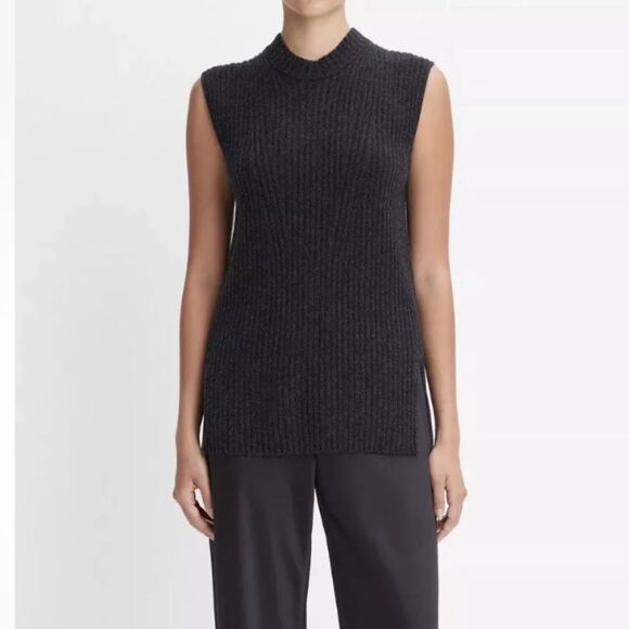 Vince Women Cashmere Wool Sleeveless Ribbed Tunic Sweater Heather Charcoal large - Picture 1 of 9